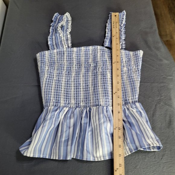 ENGLISH FACTORY Women's SZ Medium Striped Smocked Ruffled Tank Top Blue White - Picture 3 of 6